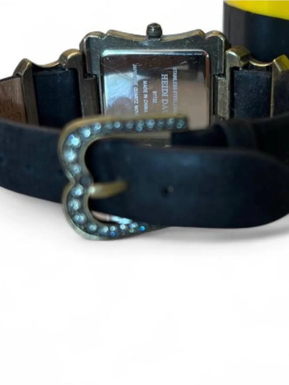 Heidi Daus Art Deco Swarovski Crystal Watch Bronze Tone Black Leather Strap Vtg